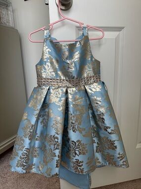 Rare Editions Blue and Gold Metallic Floral Party Dress
